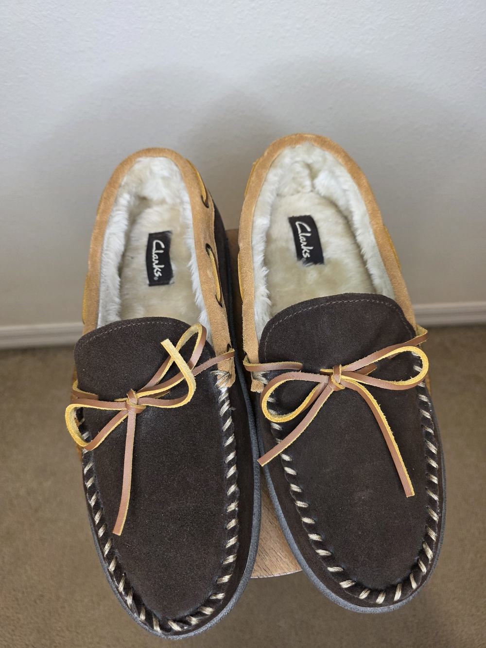 Clarks Men’s Dark Brown Suede Moccasin Slippers with Tan Accents